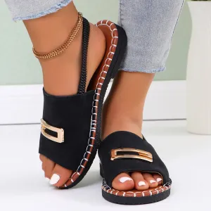 XIEYINSHE  European and American New Flat Sandals Women's Cross-Border Cloth Elastic Band Metal Decorations Large Size Shoes Beach Shoes Wholesale