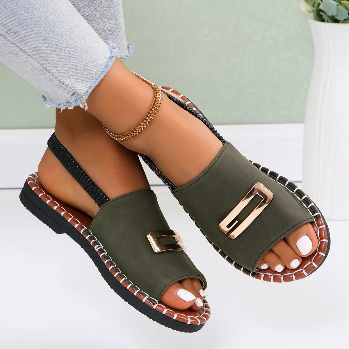 XIEYINSHE  European and American New Flat Sandals Women's Cross-Border Cloth Elastic Band Metal Decorations Large Size Shoes Beach Shoes Wholesale