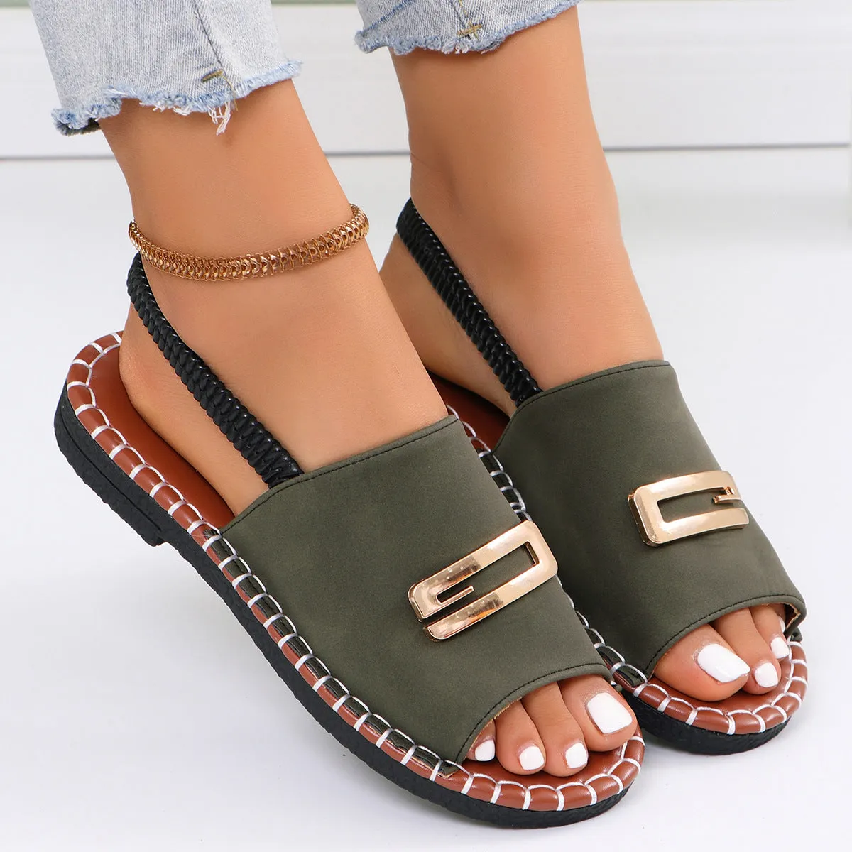 XIEYINSHE  European and American New Flat Sandals Women's Cross-Border Cloth Elastic Band Metal Decorations Large Size Shoes Beach Shoes Wholesale