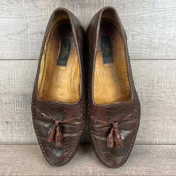 Zelli sz 9.5 brown leather reptile tassel loafers